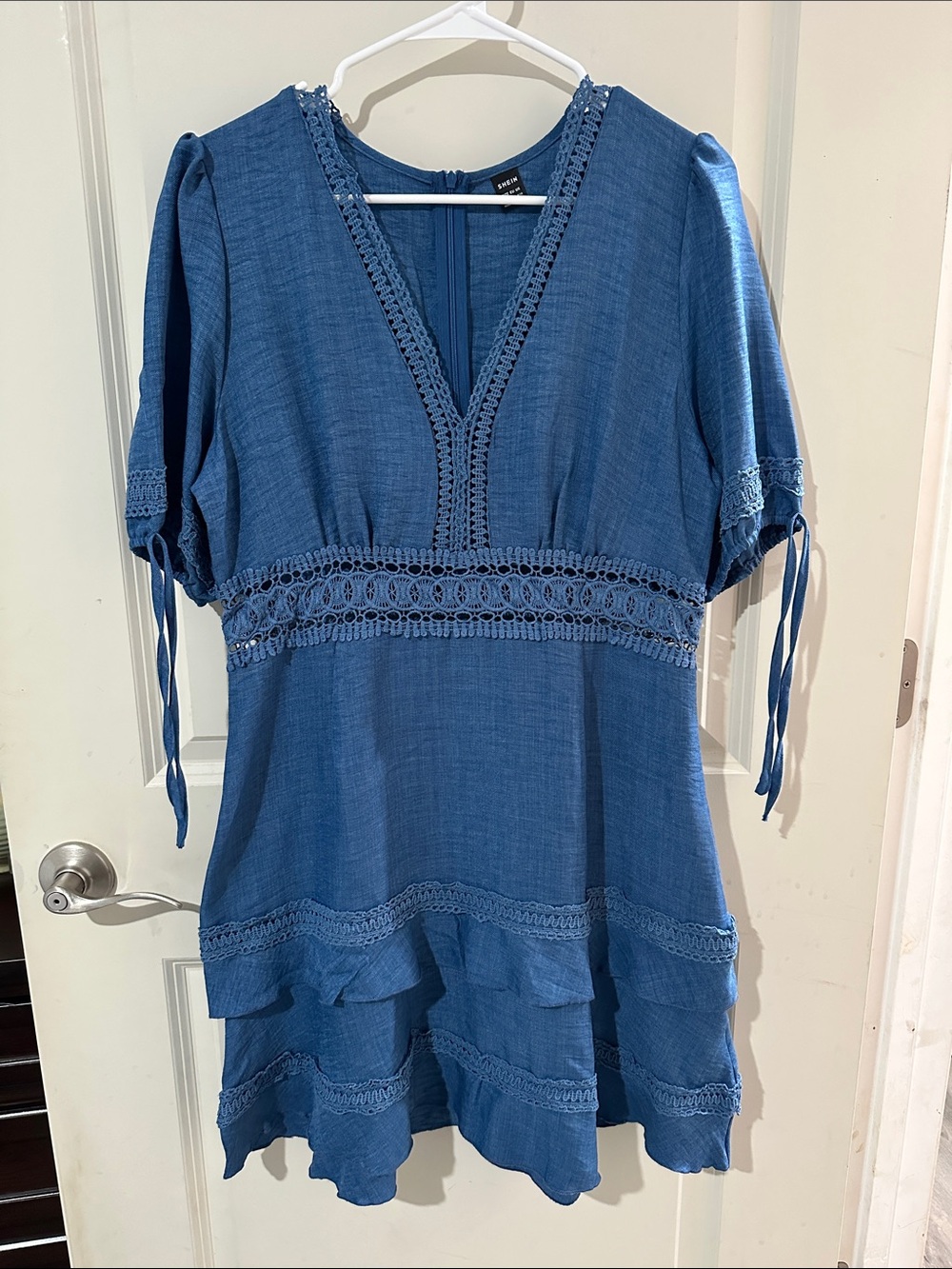 SHEIN Blue Crochet Trim Tiered Mini Dress